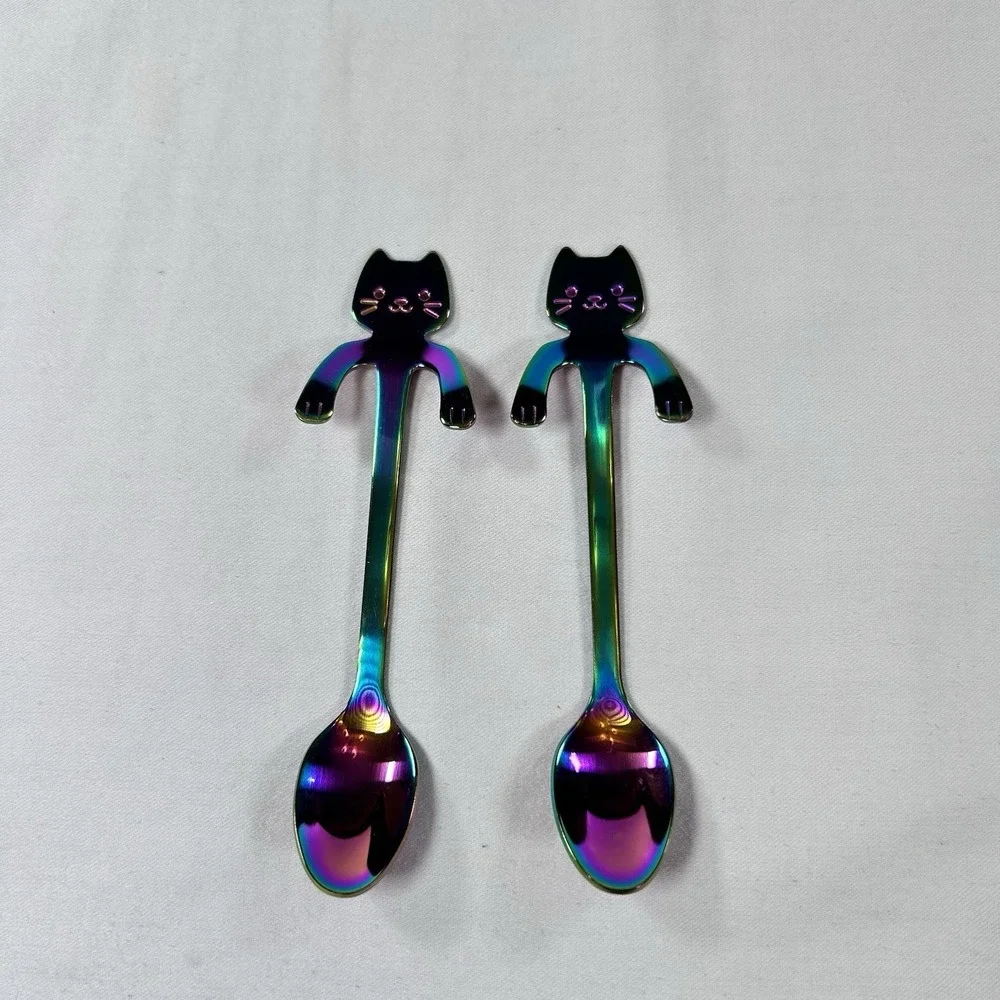 Stainless Steel Coffee Spoon Purple Blue Lovely Cute Cat Shape Teaspoon Dessert
